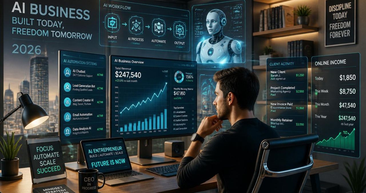 entrepreneur building a profitable AI business using automation tools in 2026